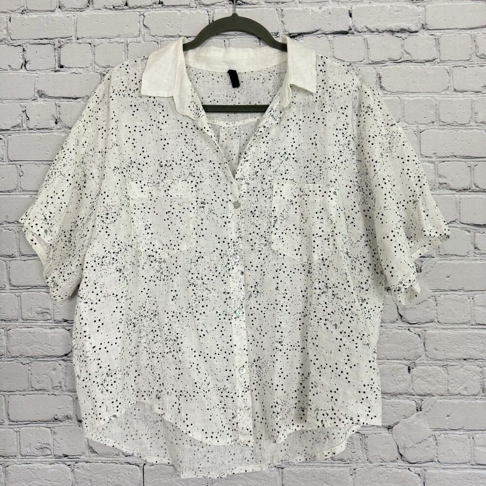 Inizio Linen White Dotted Camp Shirt Womens S High Low Short Sleeve Button Front